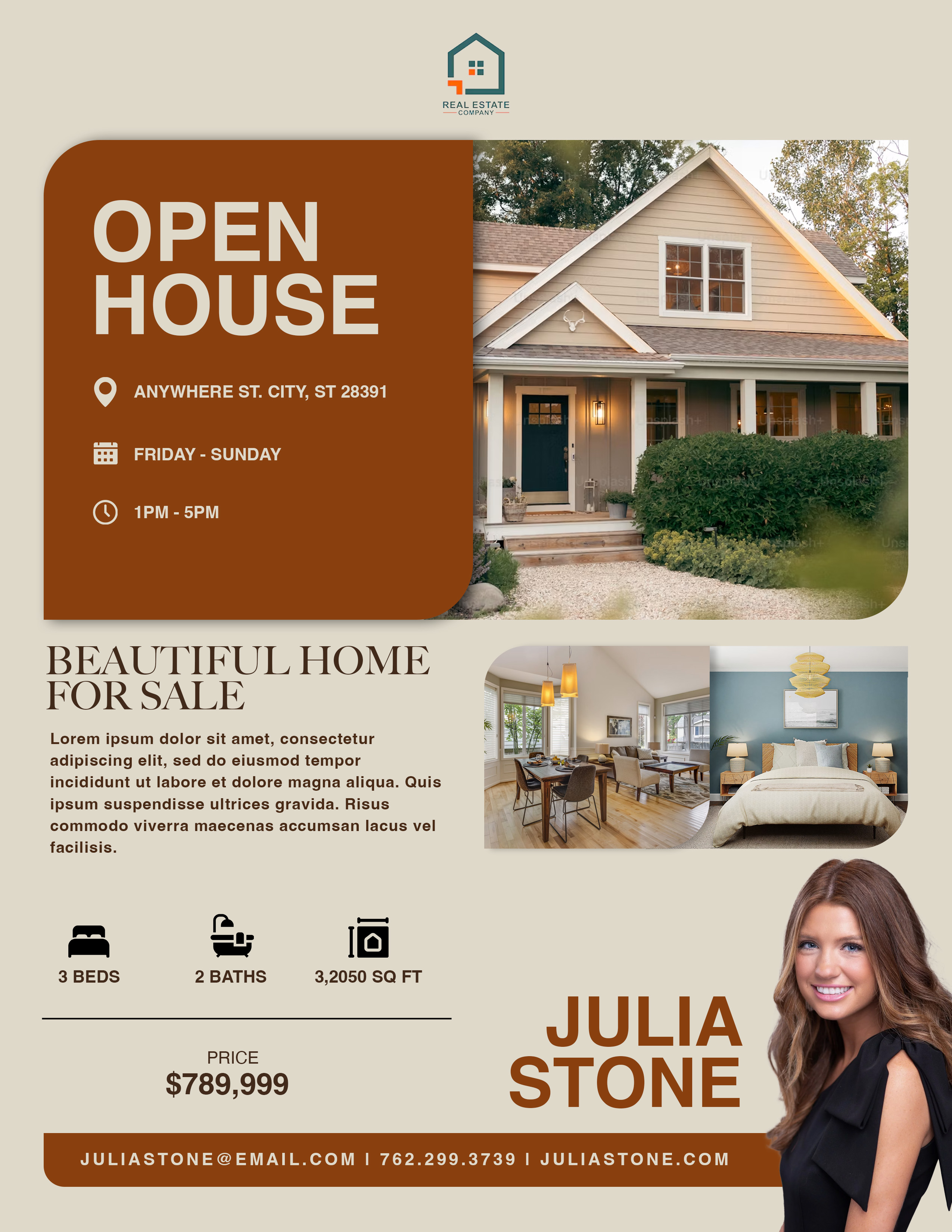 Open house flyer — warm editorial layout